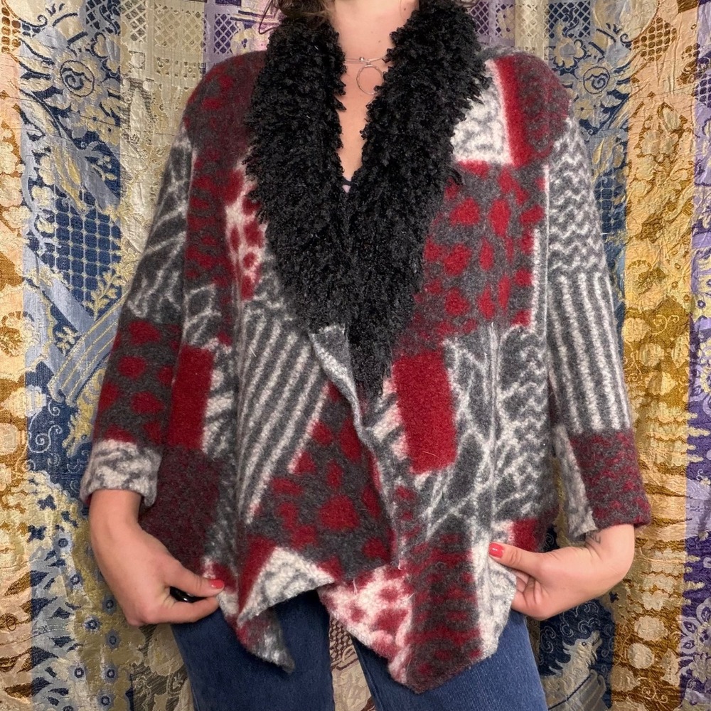 Wool Blend Shag Collar Boho Indie Grunge Patchwork Print Cardigan Coat Size M